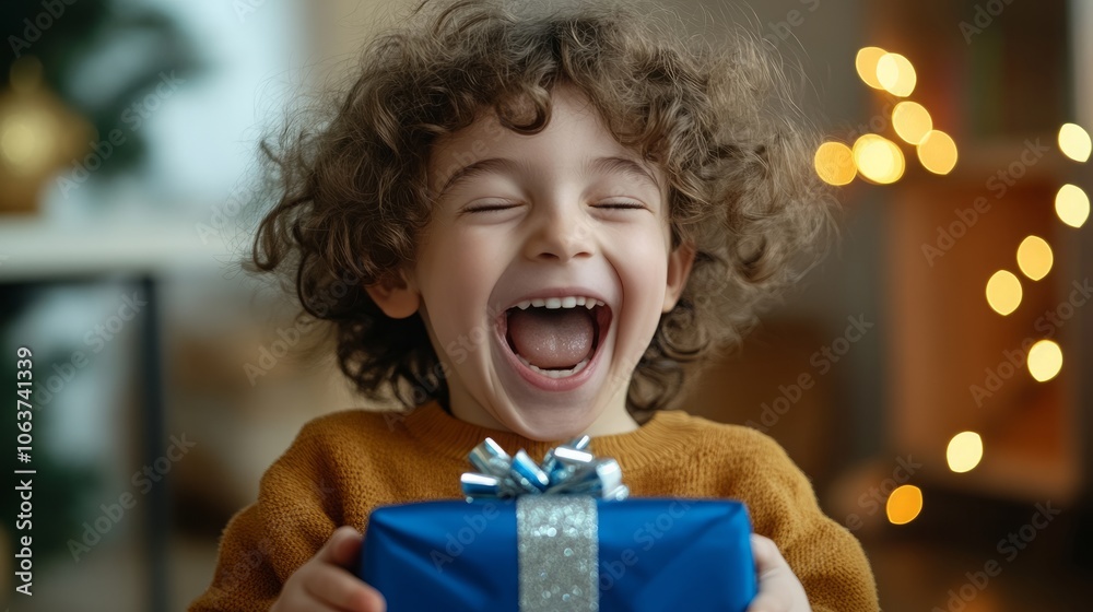 A young boy with curly brown hair beams with joy as he holds a wrapped gift, his eyes closed in delight. A young boy with curly brown hair beams with joy as he holds a wrapped gift, his eyes closed in delight.