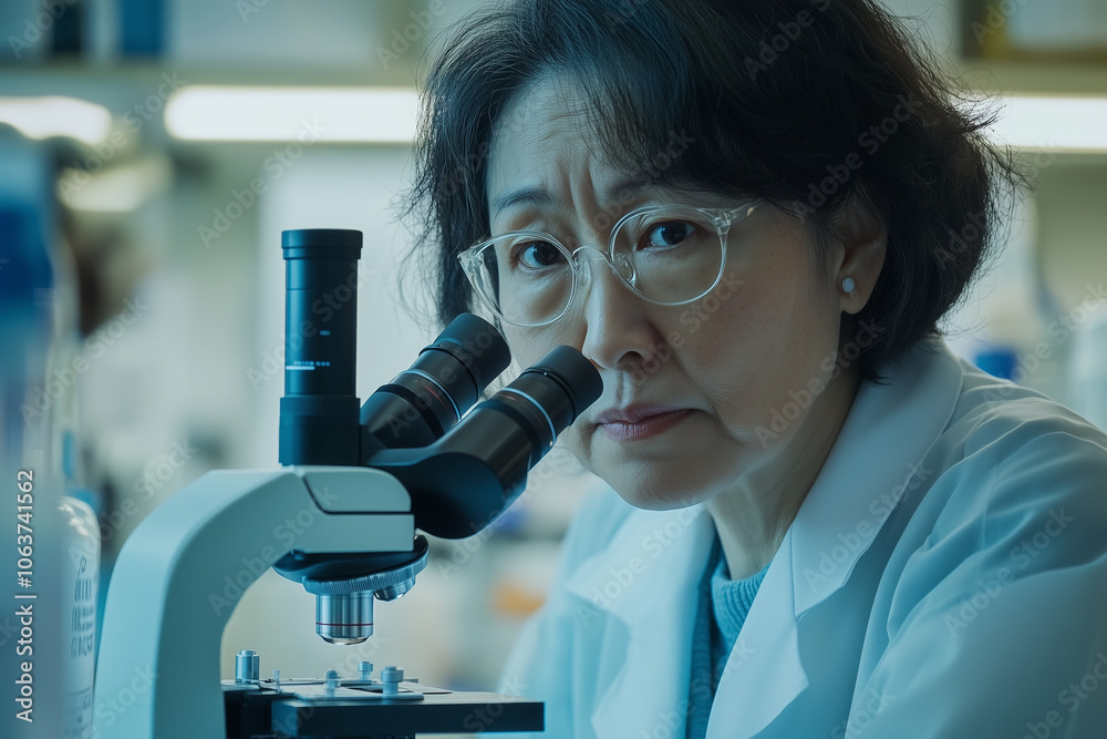 Middle-aged Asian Woman Scientist, Research Concept, Analyzing Data in Laboratory Middle-aged Asian Woman Scientist, Research Concept, Analyzing Data in Laboratory