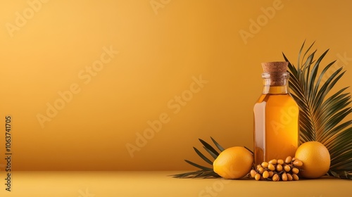 An aesthetically pleasing arrangement of a glass bottle filled with amber liquid, surrounded by citrus fruits and green leaves, set against a warm background. photo