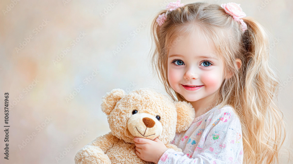 A young girl is holding a teddy bear and smiling A young girl is holding a teddy bear and smiling