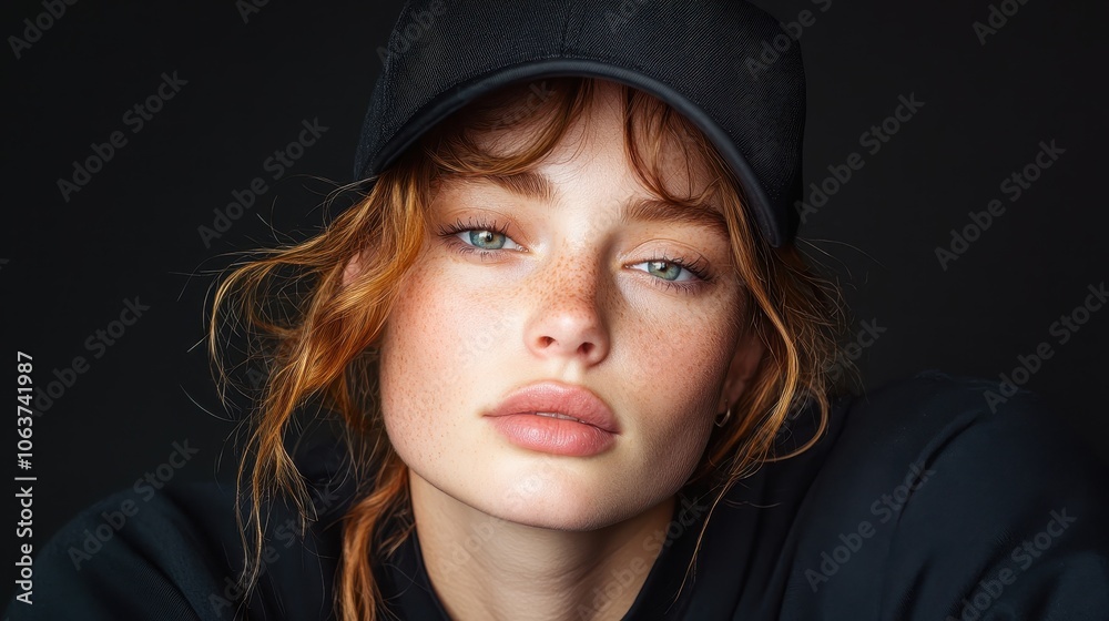 A young woman with striking red hair and freckles gazes directly while wearing a black cap, presenting a fresh, natural charm in a soft indoor setting. A young woman with striking red hair and freckles gazes directly while wearing a black cap, presenting a fresh, natural charm in a soft indoor setting.