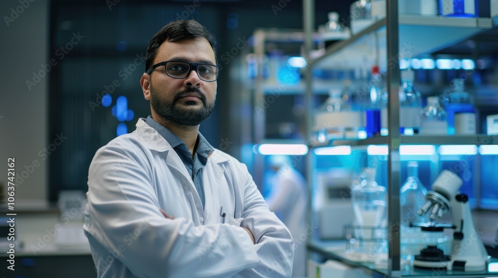 A man in a lab coat stands in front of a shelf of glassware A man in a lab coat stands in front of a shelf of glassware