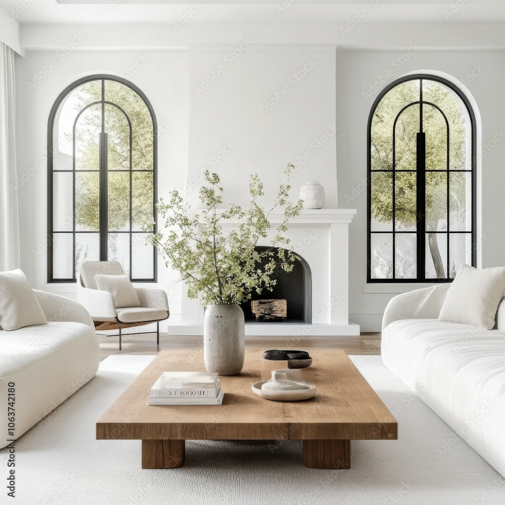 Rustic coffee table between sofa and chairs against fireplace and arched windows Rustic coffee table between sofa and chairs against fireplace and arched windows