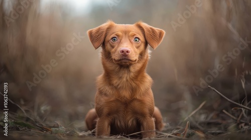 A cute little brown puppy with expressive eyes sits attentively on the forest floor surrounded by the muted colors of autumn foliage, embodying innocence and curiosity. photo