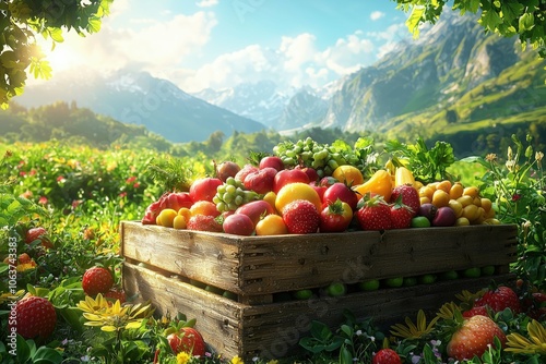 Variety of produce in a vibrant garden, mountains in the backdrop. photo