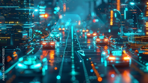 A city street is filled with selfdriving vehicles delivering packages all connected to a 5G network that allows them to efficiently communicate and navigate their routes.