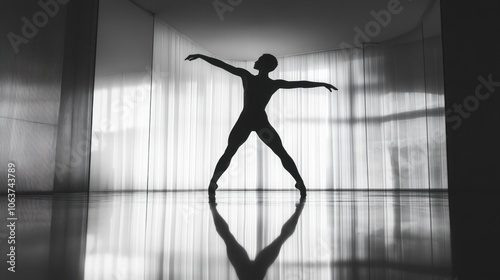 A silhouette of a ballerina posing in a studio with large windows, the light from the windows creates a reflection on the floor.