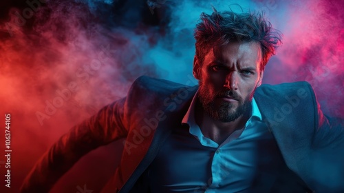 A confident man in a suit poses amidst swirling red and blue smoke, his intense gaze and stylish attire creating a dramatic and visually powerful image.