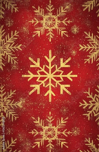 Red background with golden snowflakes, a Christmas atmosphere 