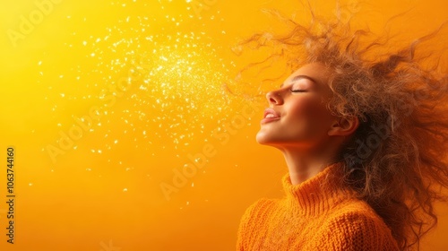 A woman with wild curly hair gazing upward in an orange sweater, evoking a sense of wonder and energy, with sparkling light elements around her. photo