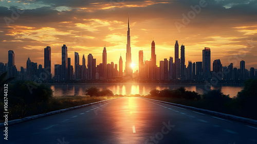 City Skyline Sunset Road Illustration