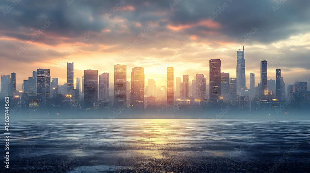 Cityscape Illustration with Sunset and Water Reflection Cityscape Illustration with Sunset and Water Reflection