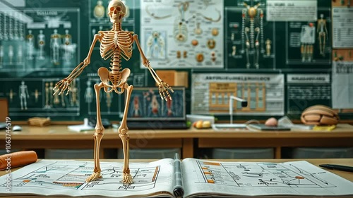 A skeleton model stands on an open anatomy textbook surrounded by diagrams and anatomical charts in a well-equipped classroom during a study session