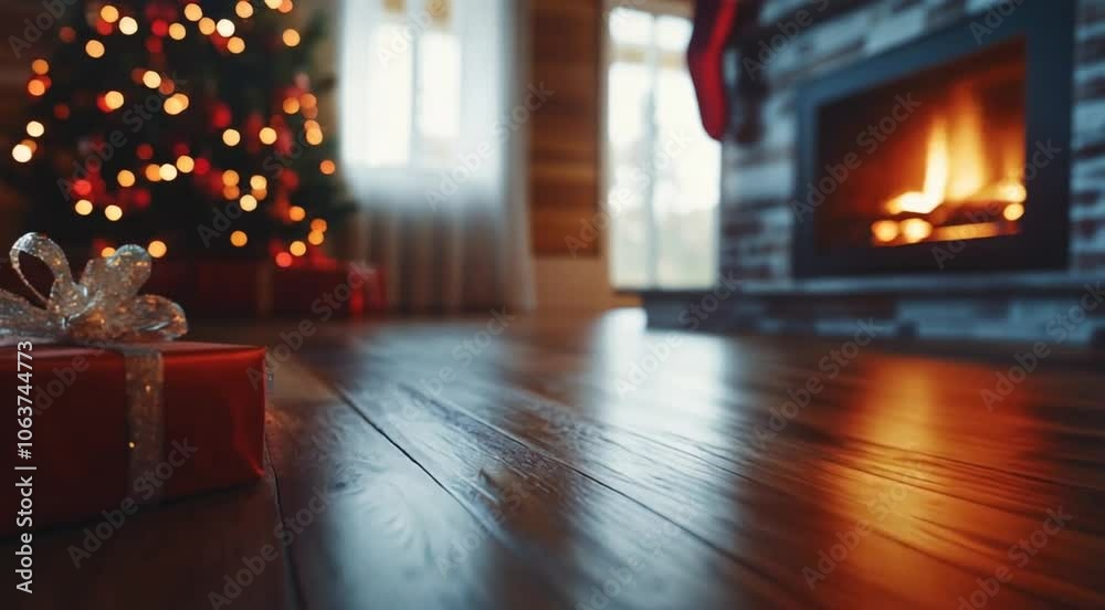 Cozy Christmas interior with a warm fireplace and a beautifully lit Christmas tree in the background. Presents under the tree, creating a festive atmosphere. winter and holiday themes. Cozy Christmas interior with a warm fireplace and a beautifully lit Christmas tree in the background. Presents under the tree, creating a festive atmosphere. winter and holiday themes.