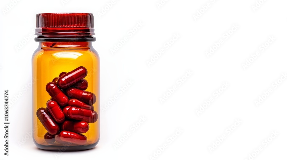Red Capsules in Amber Bottle: A close-up shot of a glass amber bottle filled with red capsules, emphasizing their vibrant color and potential for health and wellness. Red Capsules in Amber Bottle: A close-up shot of a glass amber bottle filled with red capsules, emphasizing their vibrant color and potential for health and wellness.