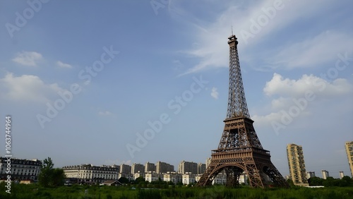 Tianducheng's skyline on a clear day, showcasing its Paris-inspired architecture, including a replica of the Eiffel Tower, set against a scenic urban backdrop