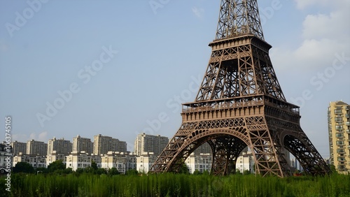 Tianducheng cityscape by day, featuring its famous Eiffel Tower replica and European-style buildings, creating a surreal Parisian atmosphere in China