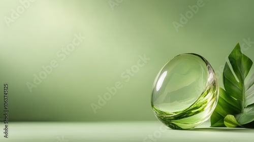 This round glass sculpture captures light beautifully, highlighting its smooth transparent surface against a bold green background, offering a sense of depth and allure. photo