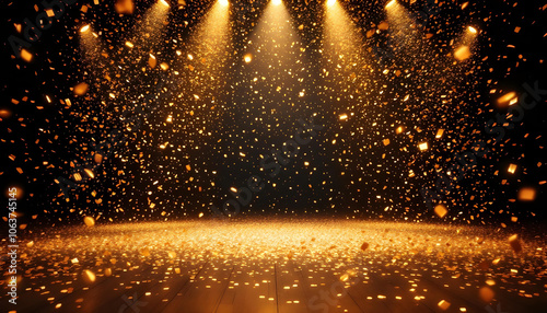 Wallpaper Mural Golden Confetti Illuminates Empty Stage Mockup for Festive Events and Product Launch Torontodigital.ca