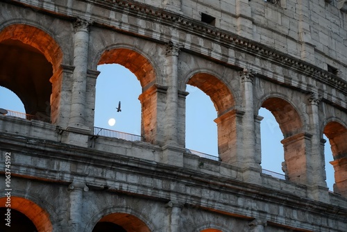 A bird flies gracefully over the italian Roman Colosseum at dawn, capturing the harmony of nature and historic grandeur in a breathtaking morning scene