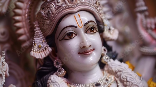 A statue of a person with a white face and a gold crown