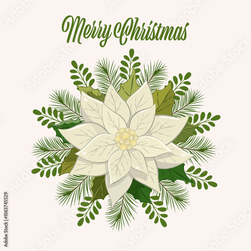 Christmas flowers. A vibrant holiday wreath featuring red poinsettias, green leaves, and white berries arranged for festive decoration during winter