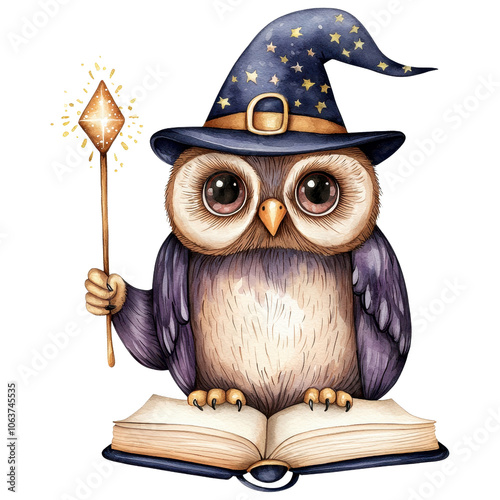 A whimsical owl wearing a wizard hat, holding a magic wand, perched on an open book, with a magical aura. photo