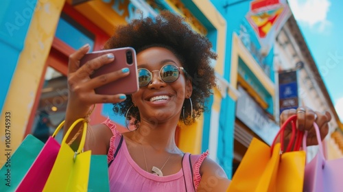 A woman is holding a pink shirt and a cell phone
