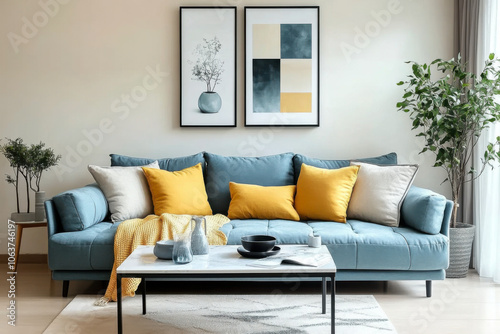 Blue sofa with yellow pillows  Scandinavian home interior design of modern living room