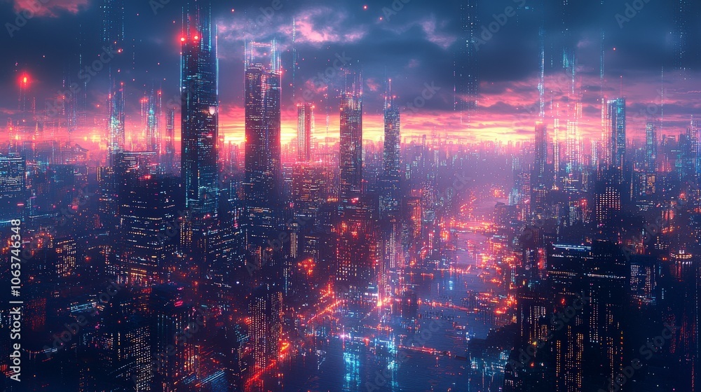 A vibrant city skyline glows under a dramatic sunset, with towering skyscrapers reflecting brilliant neon colors, creating a dreamy, futuristic urban panorama. A vibrant city skyline glows under a dramatic sunset, with towering skyscrapers reflecting brilliant neon colors, creating a dreamy, futuristic urban panorama.