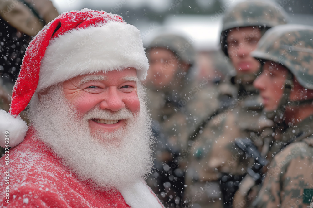 Santa Claus, dressed in his classic red and white suit, beams with a warm smile as he stands among soldiers in winter camouflage. Santa Claus, dressed in his classic red and white suit, beams with a warm smile as he stands among soldiers in winter camouflage.
