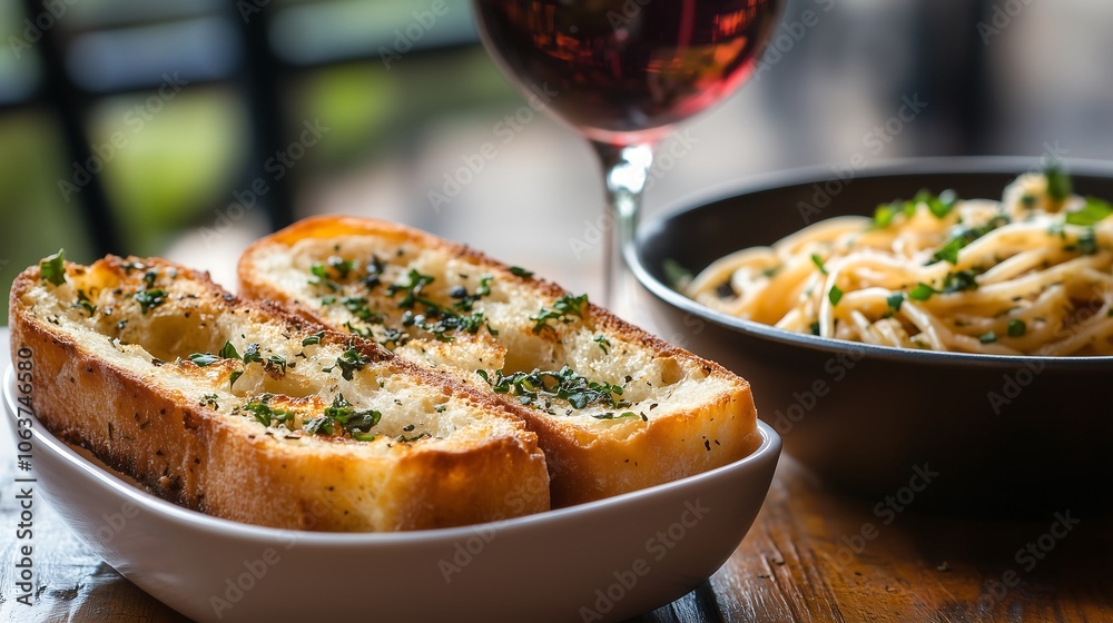 Garlic bread sprinkled with oregano and parsley, arranged next to a bowl of pasta and a glass of wine on a rustic dining table. Garlic bread sprinkled with oregano and parsley, arranged next to a bowl of pasta and a glass of wine on a rustic dining table.