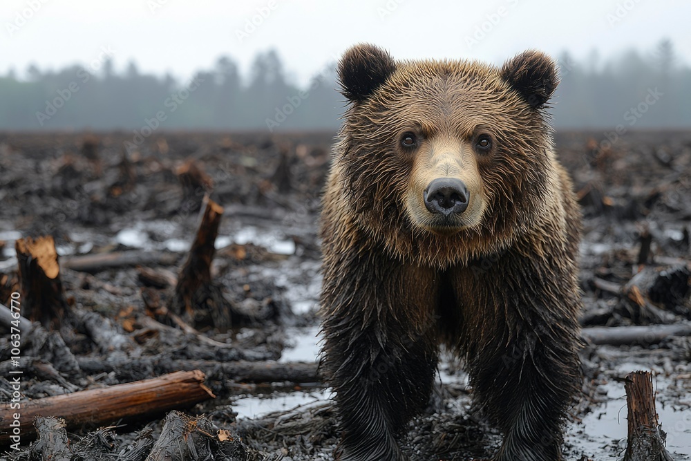 Obraz premium Wet Brown Bear Standing in a Forest Clearing After Rain