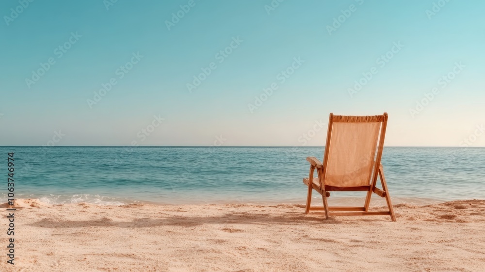 A wooden chair sits quietly on a sandy beach, facing the calm ocean, inviting relaxation and serenity with its peaceful and minimalist seaside setting. A wooden chair sits quietly on a sandy beach, facing the calm ocean, inviting relaxation and serenity with its peaceful and minimalist seaside setting.