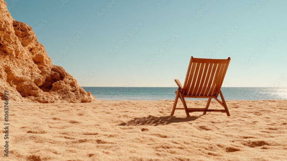 A single wooden chair on a sunlit beach gazes over a vast ocean, embodying solitude and tranquility, ideal for peaceful reflection and quiet moments. A single wooden chair on a sunlit beach gazes over a vast ocean, embodying solitude and tranquility, ideal for peaceful reflection and quiet moments.
