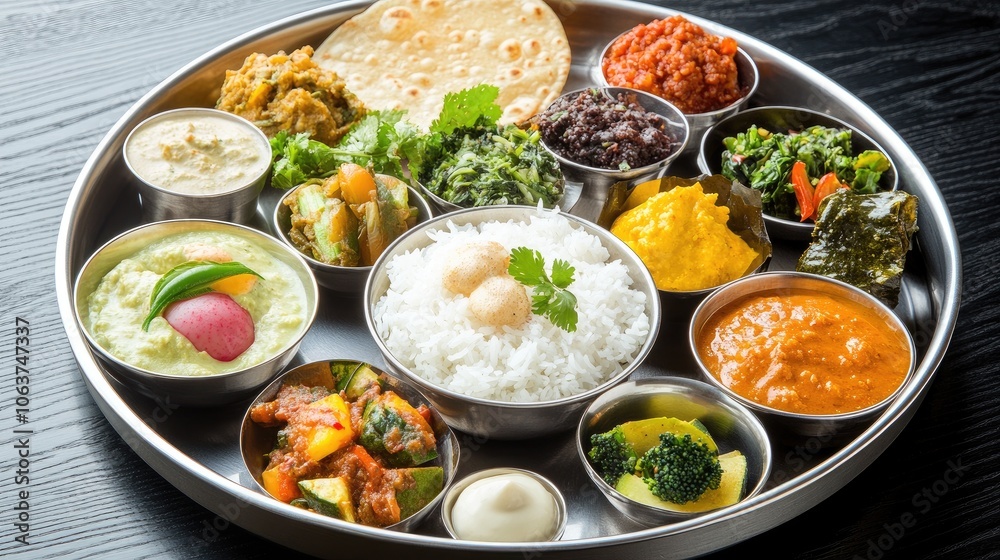 Indian Cuisine Thali with Variety of Dishes and Sides Indian Cuisine Thali with Variety of Dishes and Sides