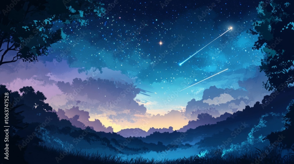 A serene night sky with shooting stars over a peaceful forest landscape. A serene night sky with shooting stars over a peaceful forest landscape.