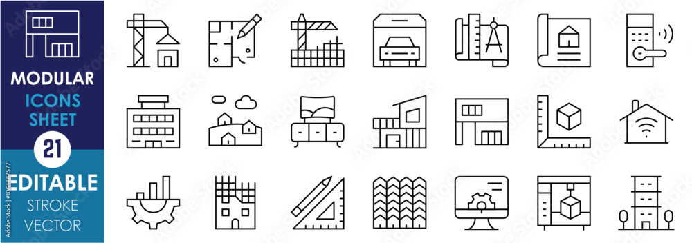 A set of line icons related to Modular. Modern, construction, residential, building, technology, architecture, smart home, door lock, and so on. Vector editable stroke. A set of line icons related to Modular. Modern, construction, residential, building, technology, architecture, smart home, door lock, and so on. Vector editable stroke.