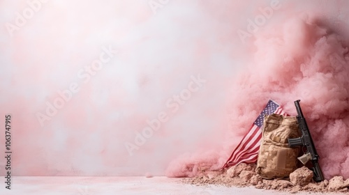 A dramatic scene featuring a rifle beside an American flag amidst rising pink smoke, illustrating themes of patriotism, conflict, and symbolism in a unique display. photo