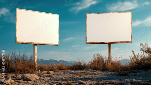 Two large blank billboards stand prominently in a vast landscape under a bright blue sky, offering a sense of opportunity and space for creativity and ideas. photo
