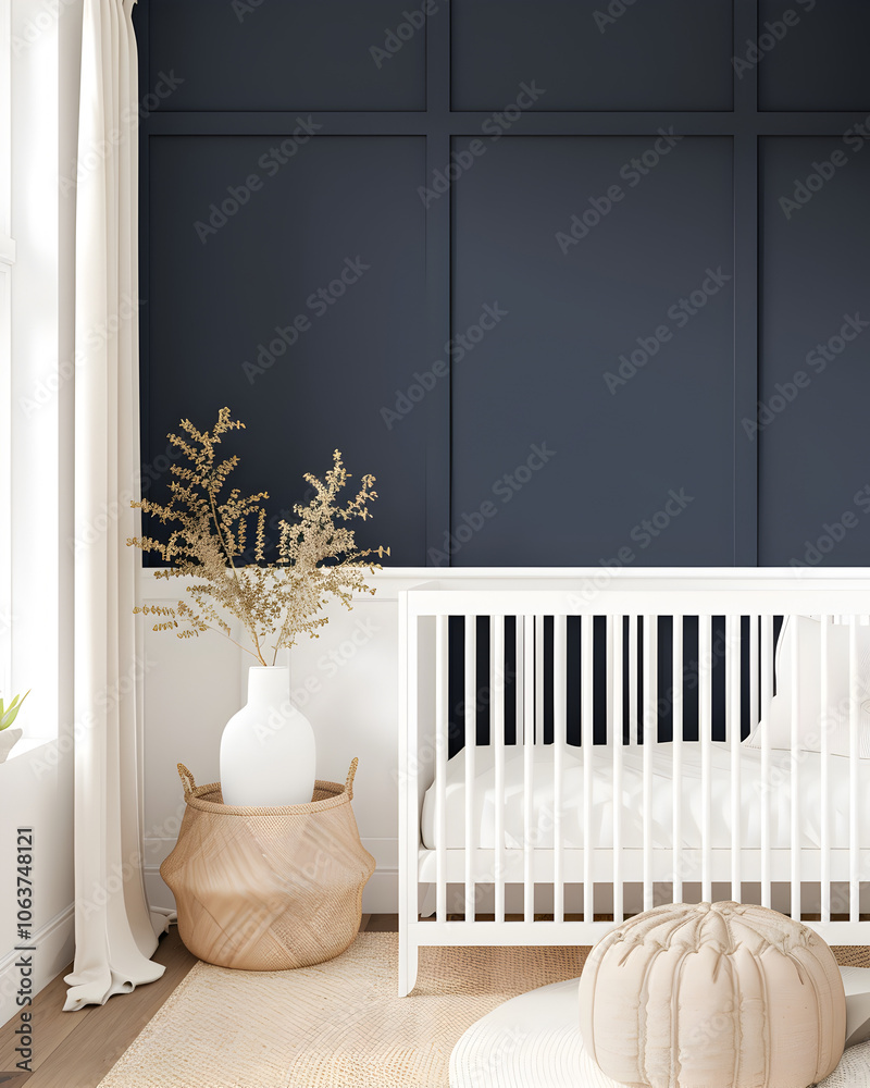 Elegant baby nursery with navy blue walls, white crib, and soft ...