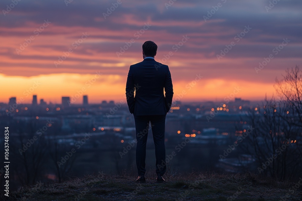 Fototapeta premium Man in Suit Overlooking City at Sunset