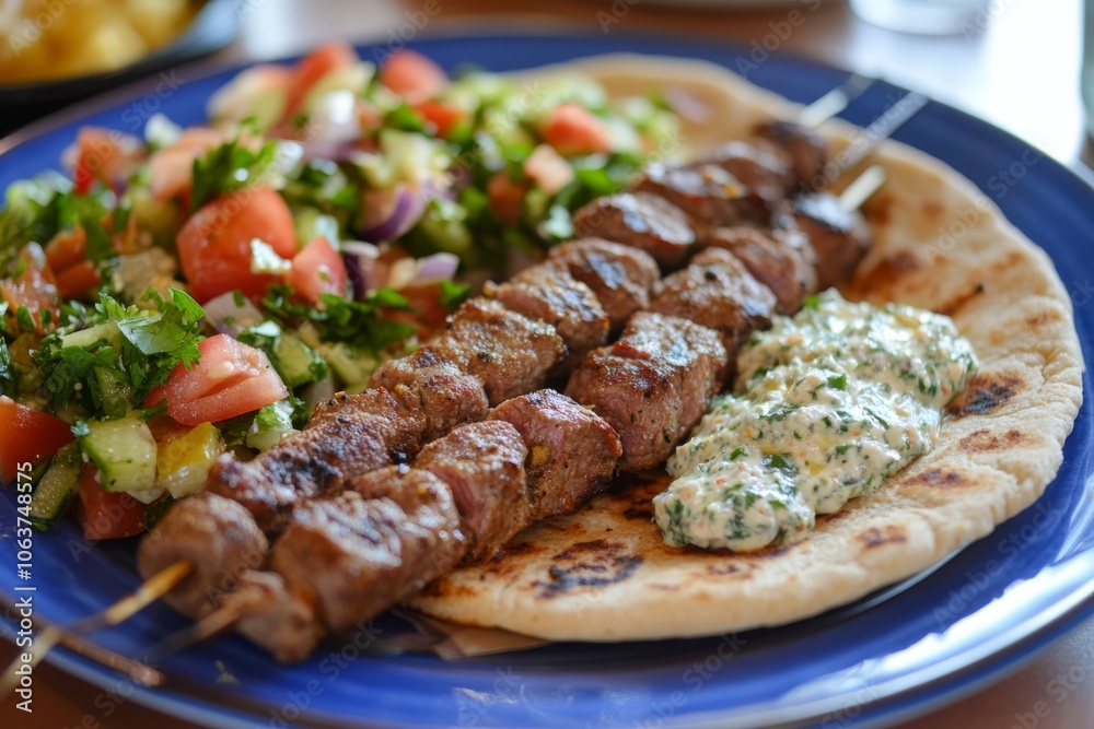 Savor the delicious and rich flavors of a classic Greek dish that features tender, grilled lamb souvlaki, warm fluffy pita bread, creamy tzatziki sauce, and a vibrant, fresh Greek salad Savor the delicious and rich flavors of a classic Greek dish that features tender, grilled lamb souvlaki, warm fluffy pita bread, creamy tzatziki sauce, and a vibrant, fresh Greek salad