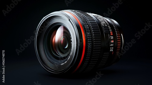 Professional Camera Lens Close-up: A detailed product shot of a high-quality professional camera lens, showcasing its intricate design and precision engineering against a dark background.