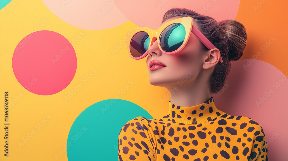 Stylish woman in bold, colorful sunglasses with vibrant abstract shapes around her, set against a solid pastel background with open space for text. Stylish woman in bold, colorful sunglasses with vibrant abstract shapes around her, set against a solid pastel background with open space for text.