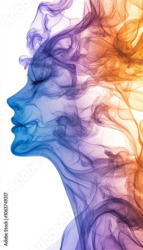 An artistic representation of a human face created with swirling, vibrant blue, purple, and orange smoke