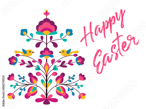 Happy Easter design with flowers and birds on tree of life. Blooming life tree, chick bird, spring flowers. Ethnic style floral zoomorphic ornament. Abstract spring blossom on sprout. Easter banner