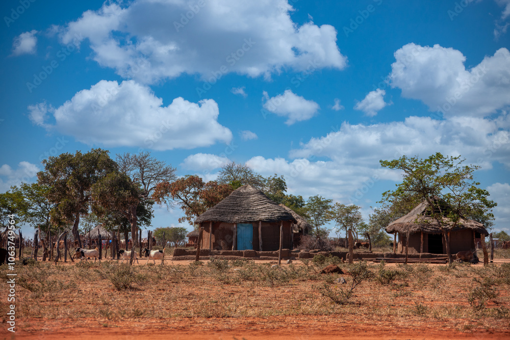 traditional African hut with thatched roof, village typical southern africa