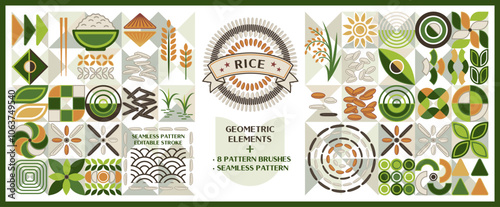 Set of rice design elements in flat simple geometric style. Icons, pictograms, abstract geometric shapes. Seamless traditional asian pattern added. For branding, decoration of food packaging