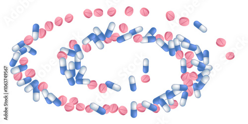 Medicine pills medical vector illustration. Capsule drugs and tablets illness prescription elements. Blue white and pink  capsules, emergency treatment or vitamins. Pharmaceutical concept.